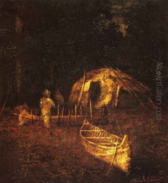 The Canoe Builders Oil Painting by Ralph Albert Blakelock