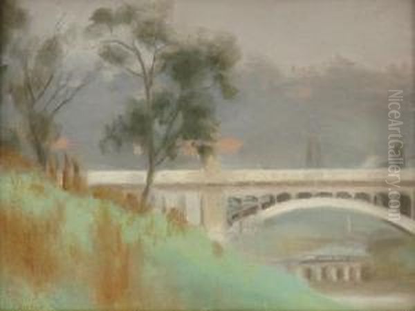 Punt Road Bridge Yarra River Oil Painting by Clarice Marjoribanks Beckett