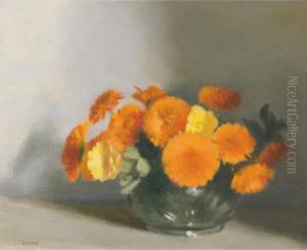 Bowl Of Marigolds Oil Painting by Clarice Marjoribanks Beckett