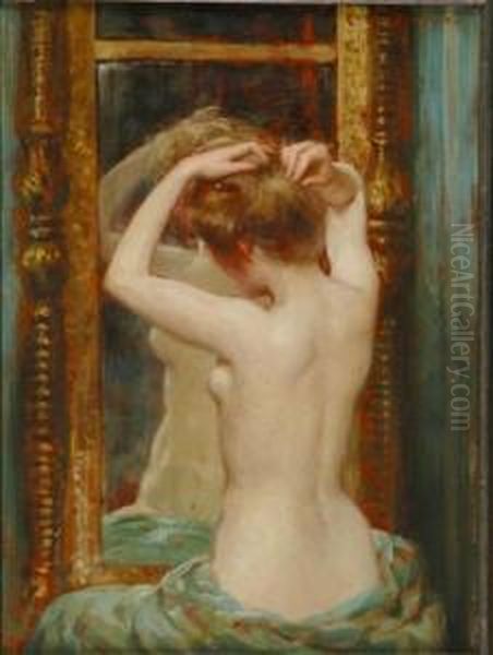 American, - The Old Pierglass, Circa 1900 Oil Painting by James Carroll Beckwith