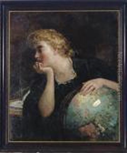 Lady Resting Her Hand On A Globe Oil Painting by James Carroll Beckwith