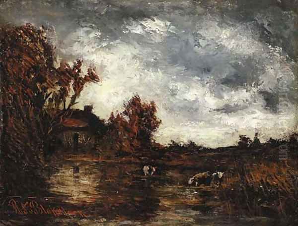 View of a Cottage with Cows Watering Oil Painting by Ralph Albert Blakelock