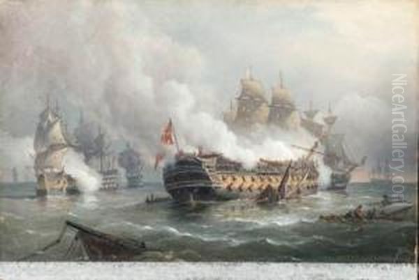 The H.m.s.defence Engaging The San. Ildefonso At The Battle Oftrafalgar Oil Painting by Richard Bridges Beechey