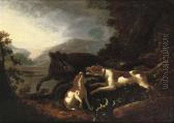 Hounds Attacking A Boar In A Hilly River Landscape Oil Painting by Adriaen Cornelisz. Beeldemaker