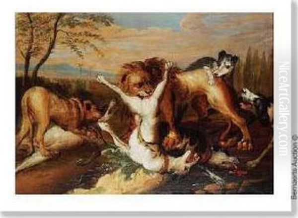 Attribue. Chiens Attaquant Un Lion. Oil Painting by Adriaen Cornelisz. Beeldemaker