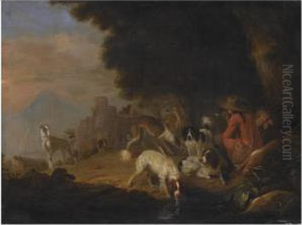 A Wooded Landscape With Two Huntsmen And Their Hounds Resting Near A Stream Oil Painting by Adriaen Cornelisz. Beeldemaker