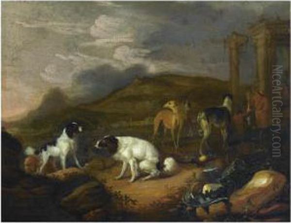 A Southern Landscape With Three 
Spaniels And Other Hounds, Twohuntsmen With A Dead Hare In The 
Background, Near Classicalruins Oil Painting by Adriaen Cornelisz. Beeldemaker