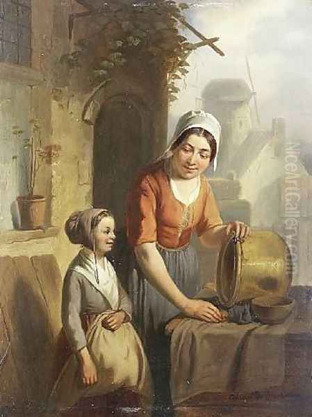 Mutter und Tochter beim Putzen eines Kessels 1860 Oil Painting by Adrien Ferdinand de Braekeleer