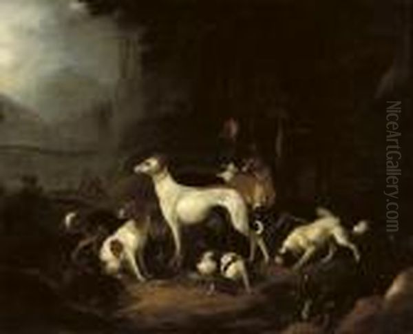 A Hunter And His Dogs Resting At The Entrance Of A Cave Oil Painting by Adriaen Cornelisz. Beeldemaker