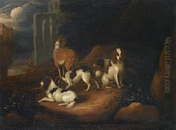 Spaniels And A Lurcher Resting In A Wooded Glade, A Landscape With Ruins Beyond Oil Painting by Adriaen Cornelisz. Beeldemaker