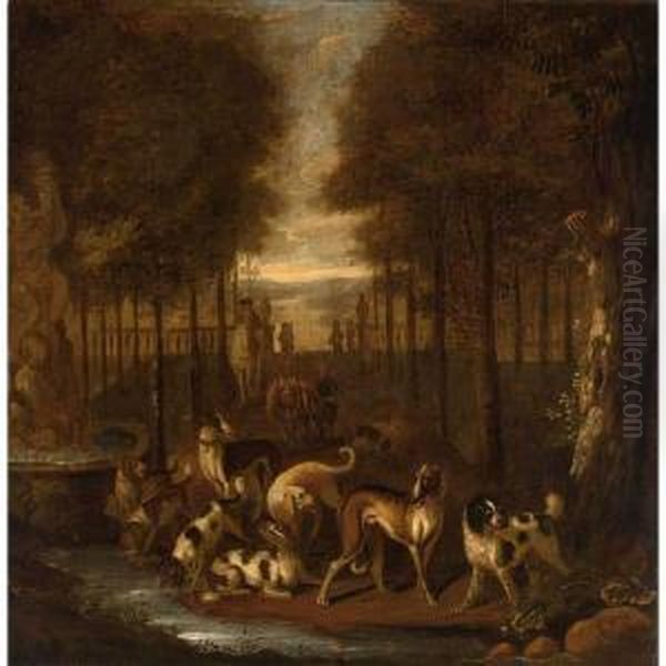 Spaniels And Other Hounds In A 
Park Setting Next To A Fountain, A Sportsman And A Traveller Beyond, An 
Extensive Landscape In The Distance Oil Painting by Adriaen Cornelisz. Beeldemaker