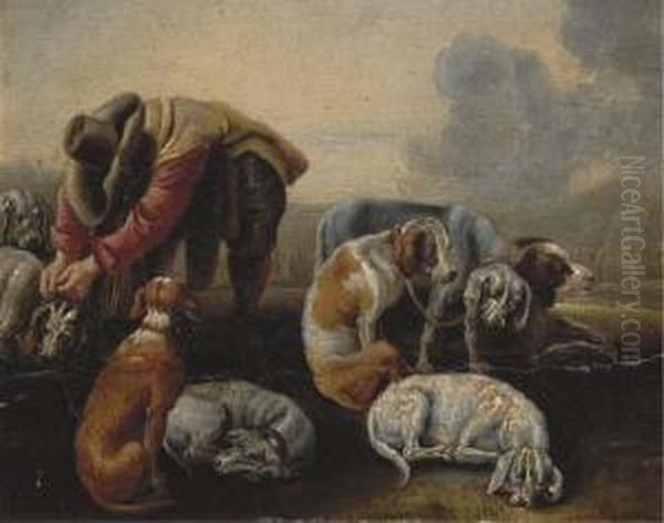 A Hunter Leashing His Hounds Oil Painting by Adriaen Cornelisz. Beeldemaker