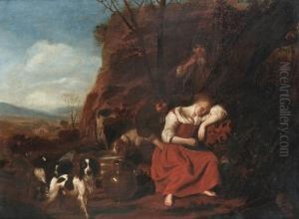 Two Men Trying To Wake A Sleeping Shepherdess With Spaniels And A Lurcher Nearby Oil Painting by Adriaen Cornelisz. Beeldemaker