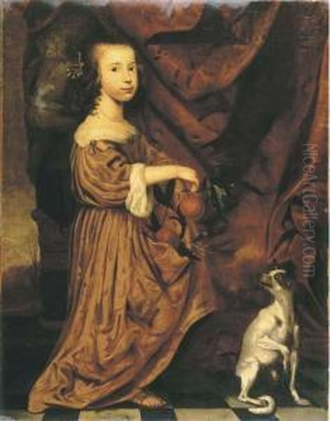 Portrait Of A Young Lady, 
Full-length, In An Orange Dress, Holdingtwo Appeltjes Van Oranje In Her 
Right Hand, Her Dog Beside Her, Ona Terrace Oil Painting by Adriaen Cornelisz. Beeldemaker