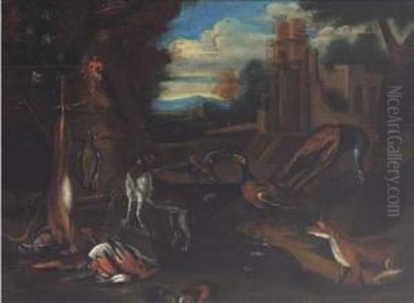 A Landscape With Dead Game, A 
Dog, A Falcon, A Pheasant, A Fox, Abadger And Other Animals In A 
Clearing Oil Painting by Adriaen Cornelisz. Beeldemaker