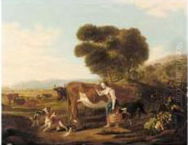 A Landscape With Cattle And A Dairy Maid Teasing A Dog by Adriaen Cornelisz. Beeldemaker