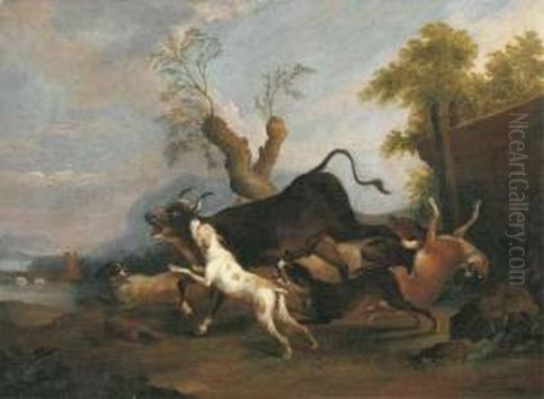 A Pastoral River Landscape With Hounds Chasing A Bull Oil Painting by Adriaen Cornelisz. Beeldemaker