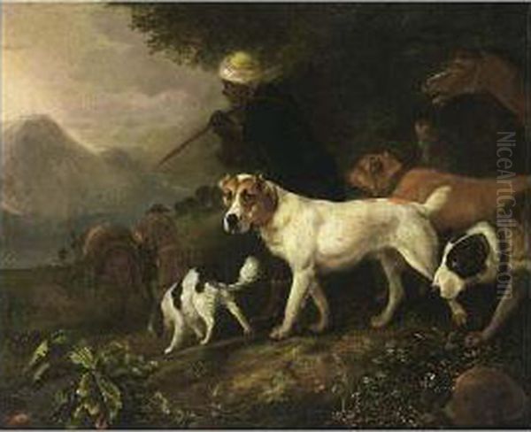 Huntsmen With A Servant, Horses And Hounds On A Path Oil Painting by Adriaen Cornelisz. Beeldemaker