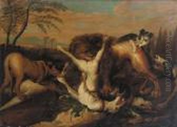 A Lion Chasing Hounds In A Landscape Oil Painting by Adriaen Cornelisz. Beeldemaker