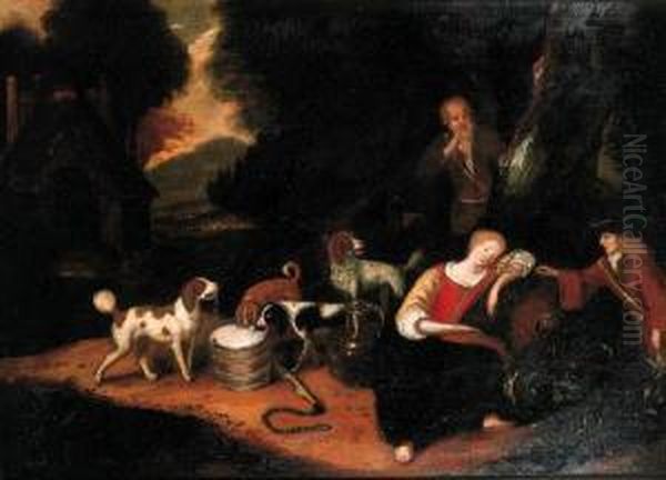 A Sportsman Teasing A Shepherdess Asleep At The Edge Of Awood Oil Painting by Adriaen Cornelisz. Beeldemaker