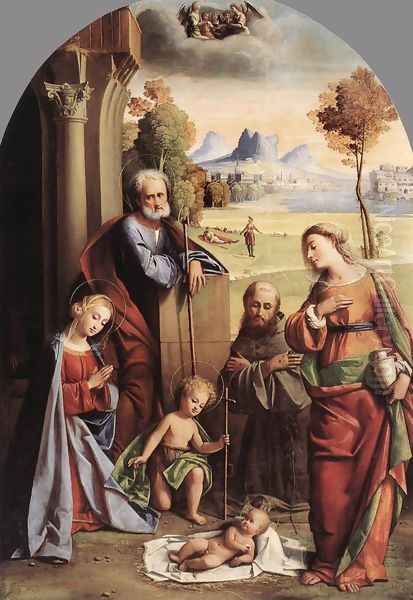 Nativity with Saints 1520s Oil Painting by Giovanni Battista Benvenuti (see Ortolano)