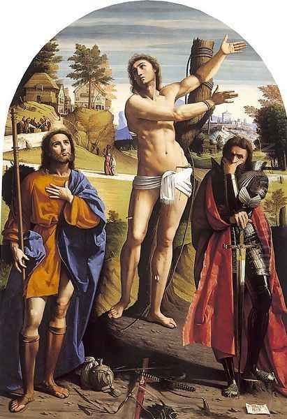 Saint Sebastian with Saints Rock and Demetrius 1520 Oil Painting by Giovanni Battista Benvenuti (see Ortolano)