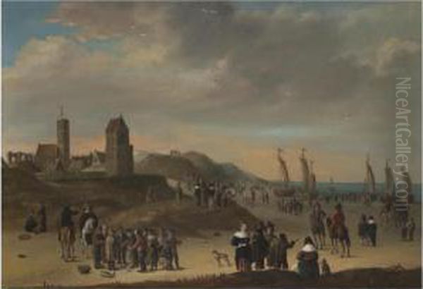 Elegant Figures Strolling On The
 Beach At Egmond Aan Zee,sailing Vessels Moored On Shore, And Fisher 
Folk Selling Theircatch In The Foreground Oil Painting by Cornelis Beelt