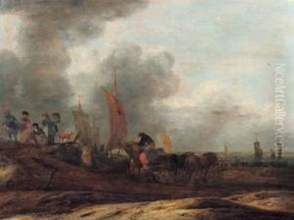 Fisherfolk On A Beach With Sailing Vessels Beyond Oil Painting by Cornelis Beelt