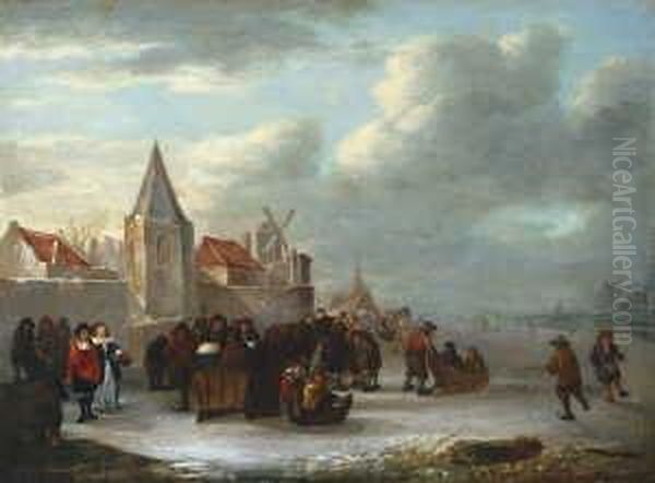 Winterlandschaft Mit Eislaufern Vor Den Mauern Eines Hollandischen Stadtchens. Oil Painting by Cornelis Beelt