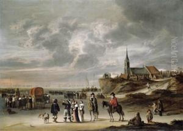 Elegant Company On The Beach Ar Egmond Aan Zee, A Naval Battle Beyond Oil Painting by Cornelis Beelt