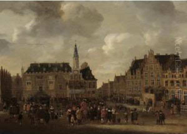 A View Of The Grote Markt In 
Haarlem, Looking From The St. Bavo Church Towards The Town Hall Oil Painting by Cornelis Beelt