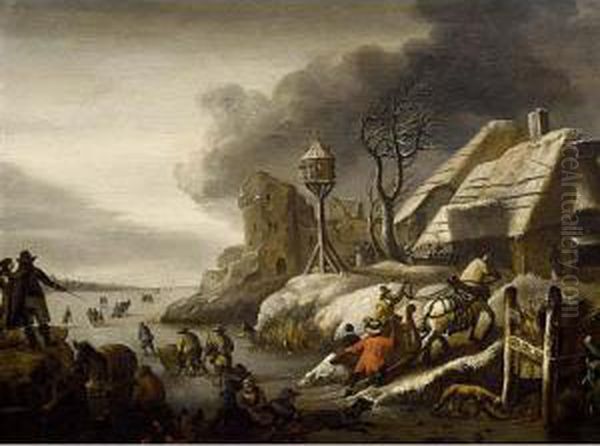 A Winter Landscape With Figures 
Skating On A Frozen Pond, A Horse Drawn Sleigh Returning Home Oil Painting by Cornelis Beelt