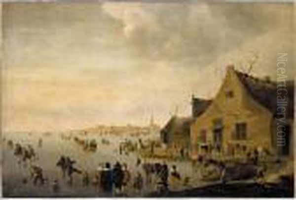 Skaters On A Frozen Lake At The Edge Of A Town Oil Painting by Cornelis Beelt