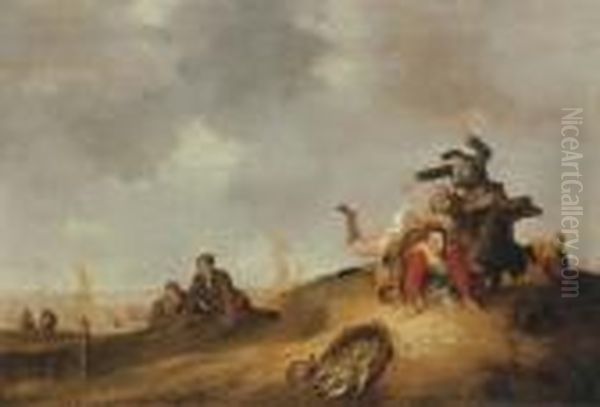 A Coastal Landscape With A 
Fisherwoman Tripping And Spilling Abasket Of Fish In The Dunes Oil Painting by Cornelis Beelt