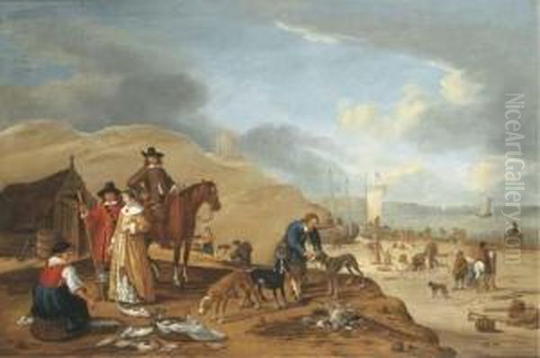 A Coastal Landscape With Elegant Company By A Fish Stall On Abeach Oil Painting by Cornelis Beelt