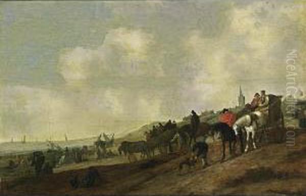 A Beach Scene With Fishermen 
Unloading Their Catch, And Figures Arriving In Horse-drawn Carts 
Together With Dogs, A Church Tower And A Village Beyond Oil Painting by Cornelis Beelt