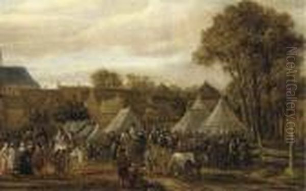 A Horse Fair, Said To Be 
Valkenburg, With Figures In Wagons And On Horseback By Booths Outside 
The Town Walls Oil Painting by Cornelis Beelt