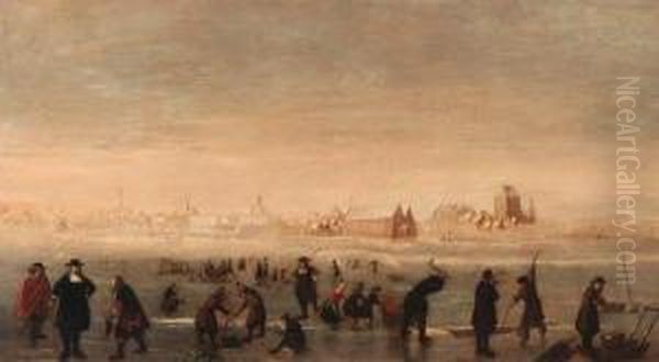 Kolfers, Skaters And Elegant Townsfolk On A Frozen Waterway, A Townbeyond Oil Painting by Cornelis Beelt