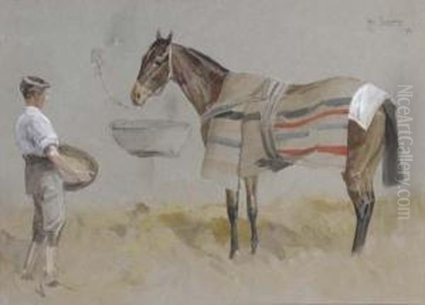 Finish For The Eclipse Stakes, Sandown Park; And A Horse And Groomin A Stable Oil Painting by John Beer