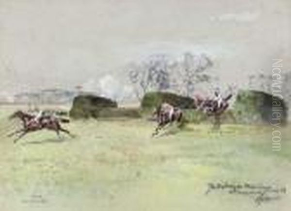 The Prince Of Wales's 
Steeplechase, 2nd Time Round, Sandown Park;and At The Water For The 
Prince Of Wales's Steeplechase, Sandownpark Oil Painting by John Beer