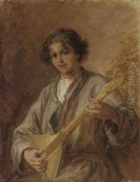 A Young Musician Playing The Balalaika Oil Painting by Wilhelm Amandus Beer