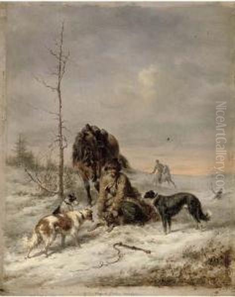 Russian Huntsmen In The Snow Oil Painting by Wilhelm Amandus Beer