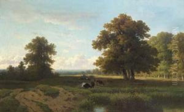 Cows In A Wooded Meadow Oil Painting by Euphrosine Beernaert