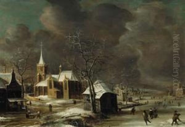 A Village In Winter, With Villagers On A Frozen Waterway Oil Painting by Anthonie Beerstraten