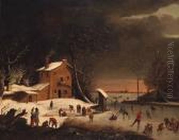 A Winter Landscape With Skaters On A Frozen Waterway Near Afarmhouse Oil Painting by Anthonie Beerstraten