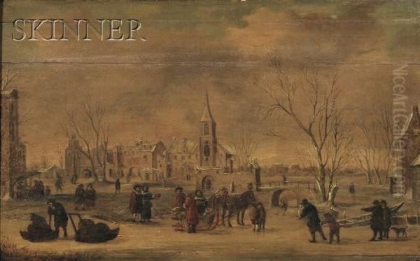 Winter Village With Skaters Oil Painting by Jan Abrahamsz. Beerstraaten