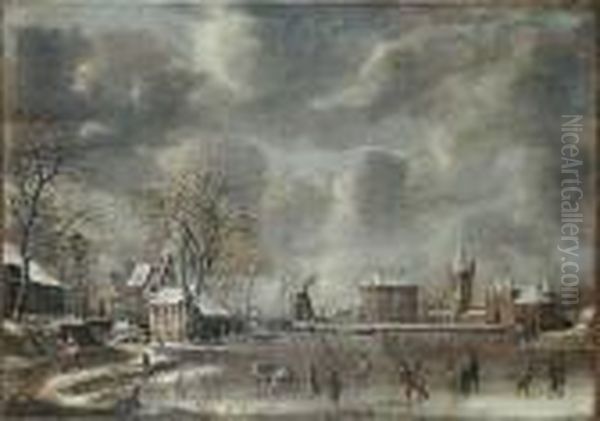 A Winter Landscape With Figures 
Skating Andplaying Kolf On A Frozen River At The Edge Of A Town Oil Painting by Jan Abrahamsz. Beerstraaten