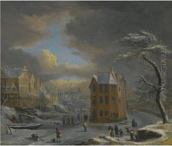 A Frozen Canal In Mid Winter With Skaters In The Foreground Oil Painting by Jan Abrahamsz. Beerstraaten