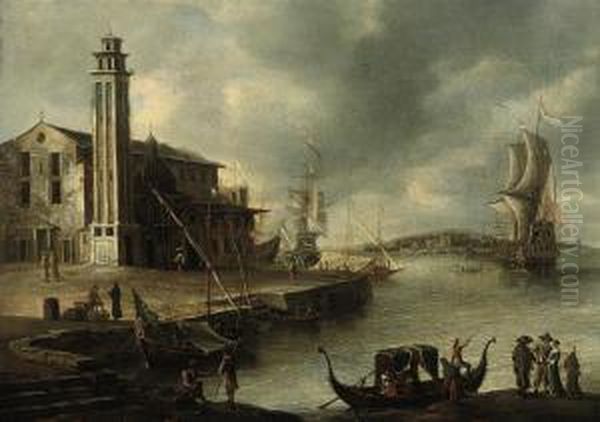 A Mediterranean Coastal 
Landscape With Elegant Figures Embarking A Boat, Dutch Men-o'-war And 
Other Shipping In A Harbour Oil Painting by Jan Abrahamsz. Beerstraaten