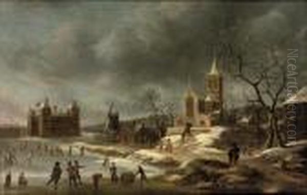 A Winter Landscape With Activities On The Ice Near Castle Buren Oil Painting by Jan Abrahamsz. Beerstraaten